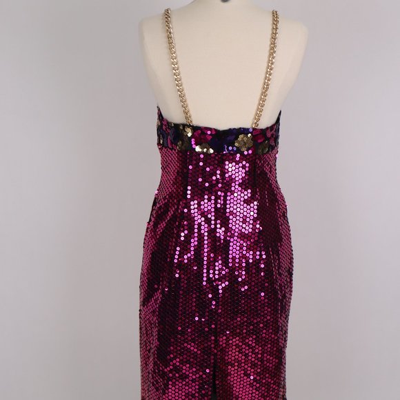 ❄ Vtg 80's Sequin Bodycon Dress Gold Chain Straps Party Cocktail Wedding Prom - Picture 6 of 6